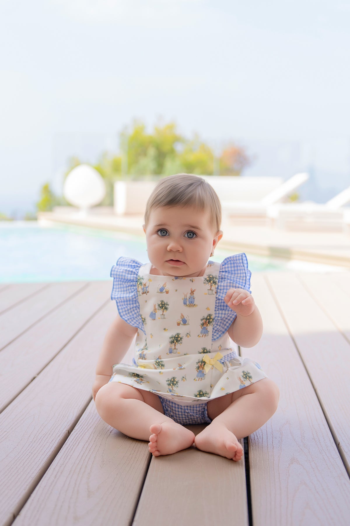 Miranda Blue Check girls dress and knickers with bunny print detail
