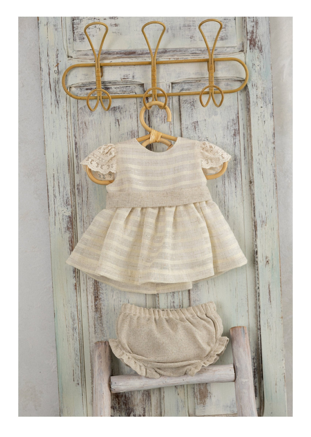 BASMARTI Parks Girls Cream & Beige Stripe Linen Dress & Knickers