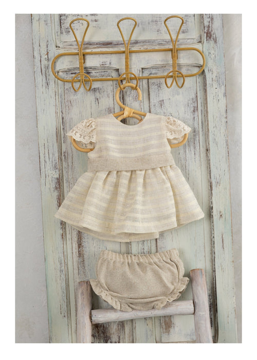 BASMARTI Parks Girls Cream & Beige Stripe Linen Dress & Knickers