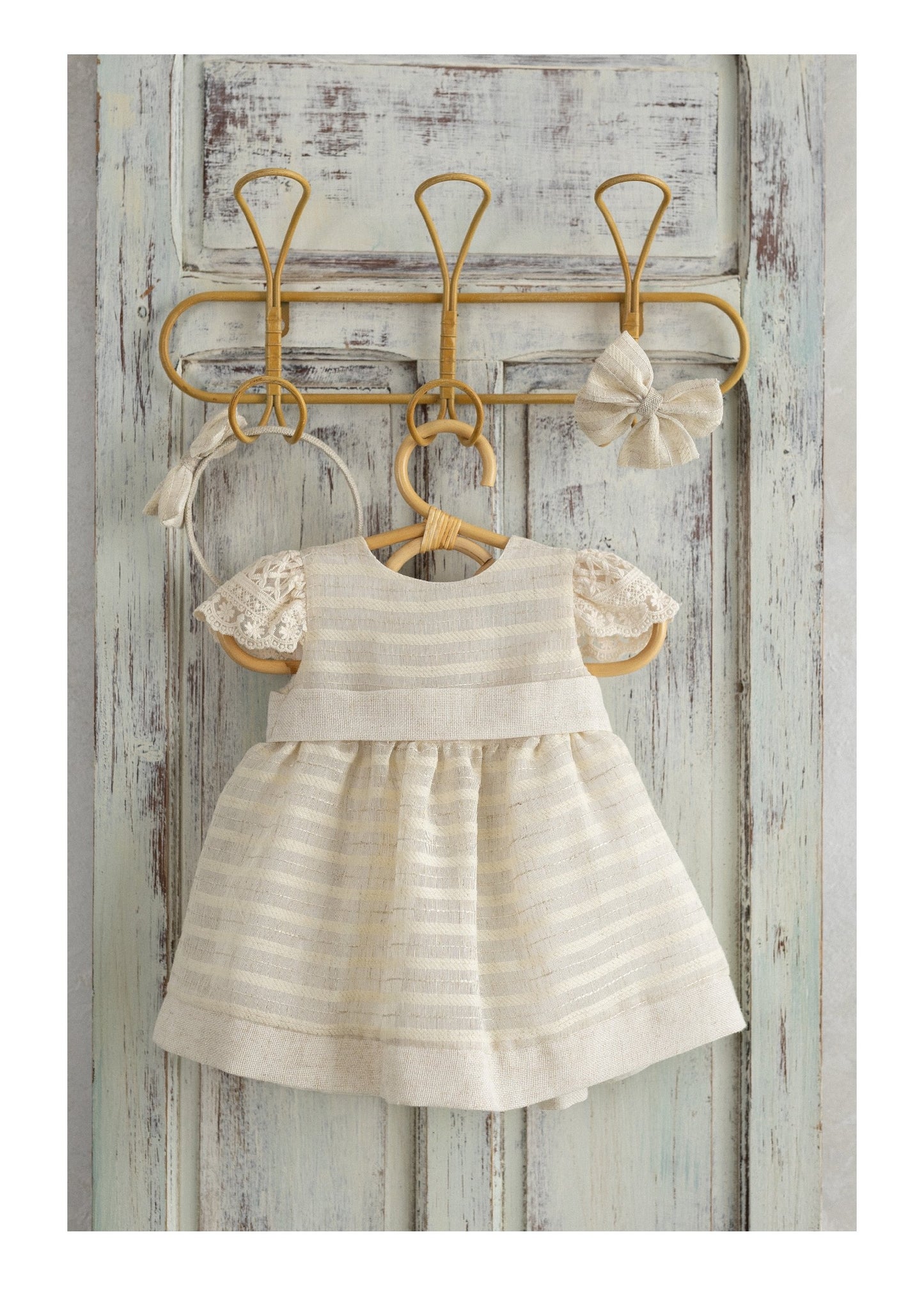 BASMARTI SS25 Parks Girls Cream & Beige Stripe Linen Dress - 25001