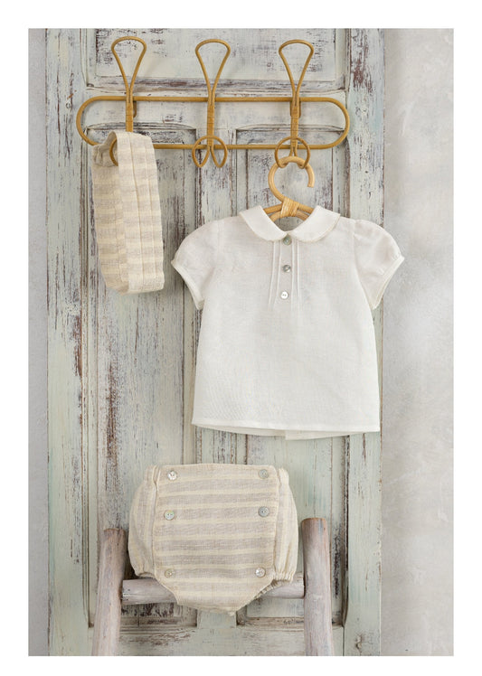 BASMARTI SS25 Parks Boys Cream & Beige Stripe Linen Jam Pant Set - 25002