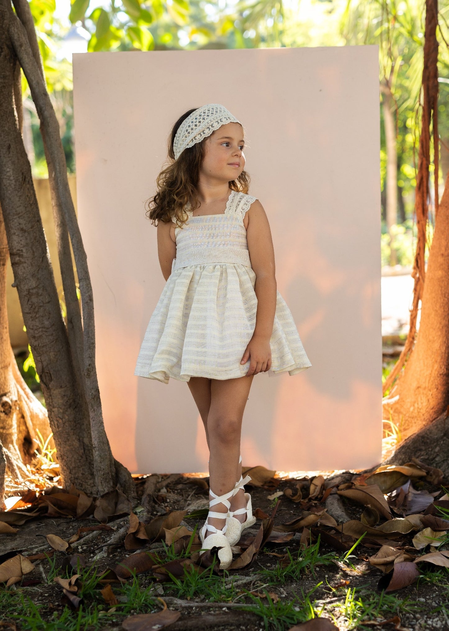 BASMARTI SS25 Parks Girls Cream & Beige Stripe Linen Dress - 25010