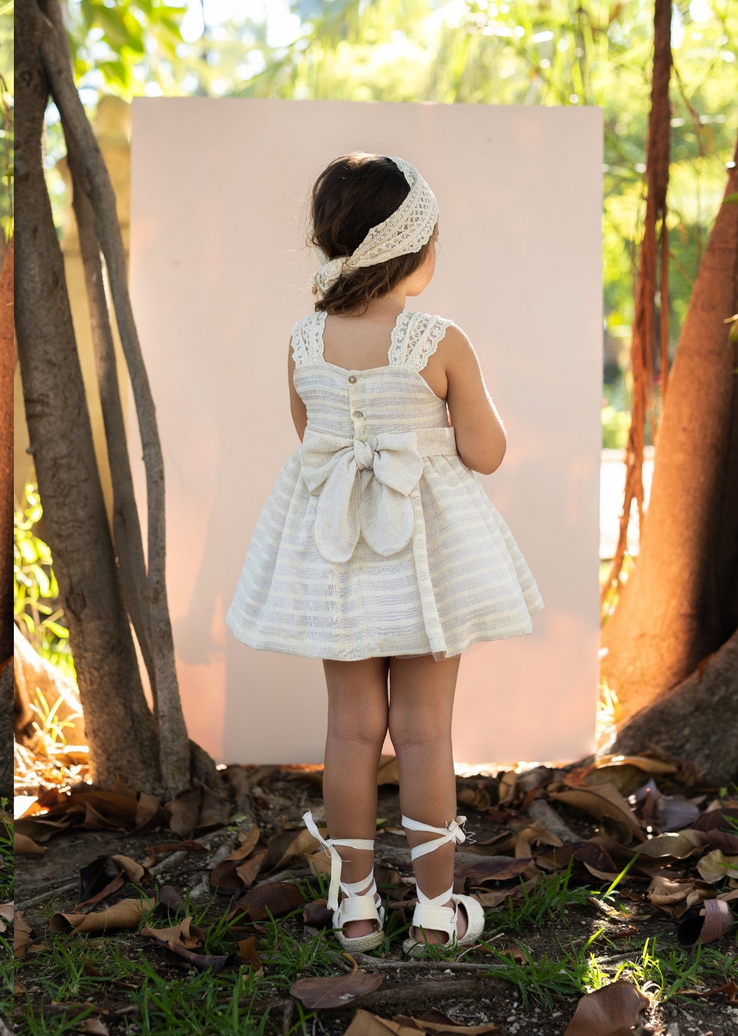 BASMARTI SS25 Parks Girls Cream & Beige Stripe Linen Dress - 25010