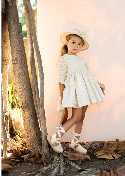 BASMARTI SS25 Parks Girls Cream & Beige Stripe Linen Dress - 25011