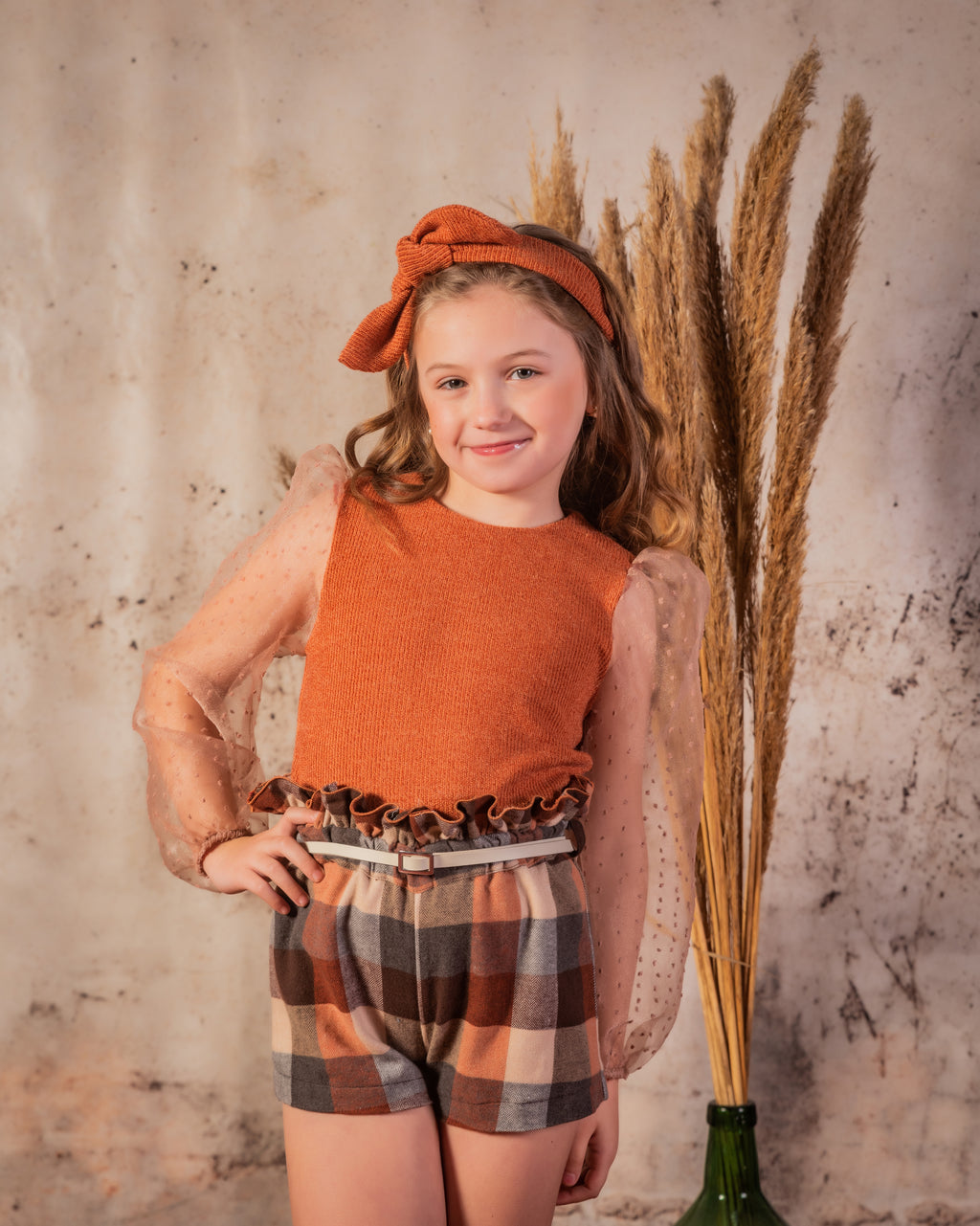 BABINE Calabaza Girls Camel & Brown Check Short Set