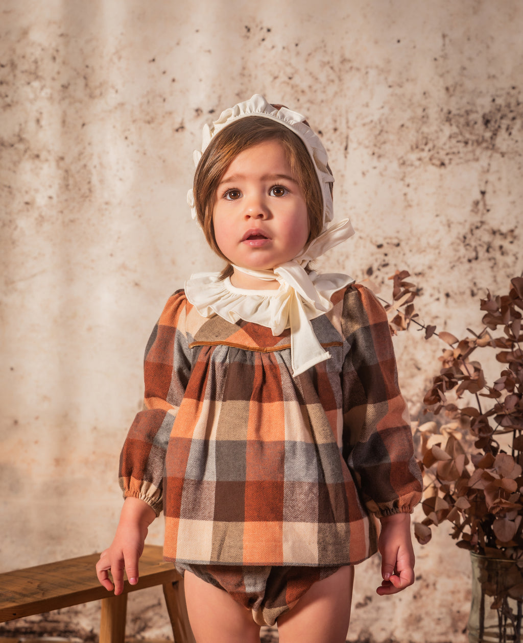 BABINE Calabaza Baby Girls Camel & Brown Check Dress & Knickers 