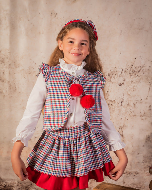 BABINE Red, Blue & Green Check Girls Three Piece Skirt Set - 2512707