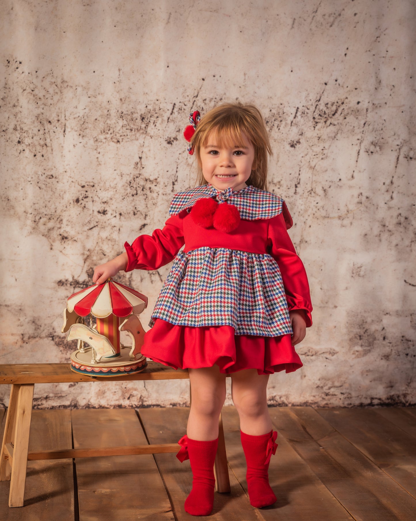 BABINE Red, Blue & Green Check Girls Puffball Dress - 2512813