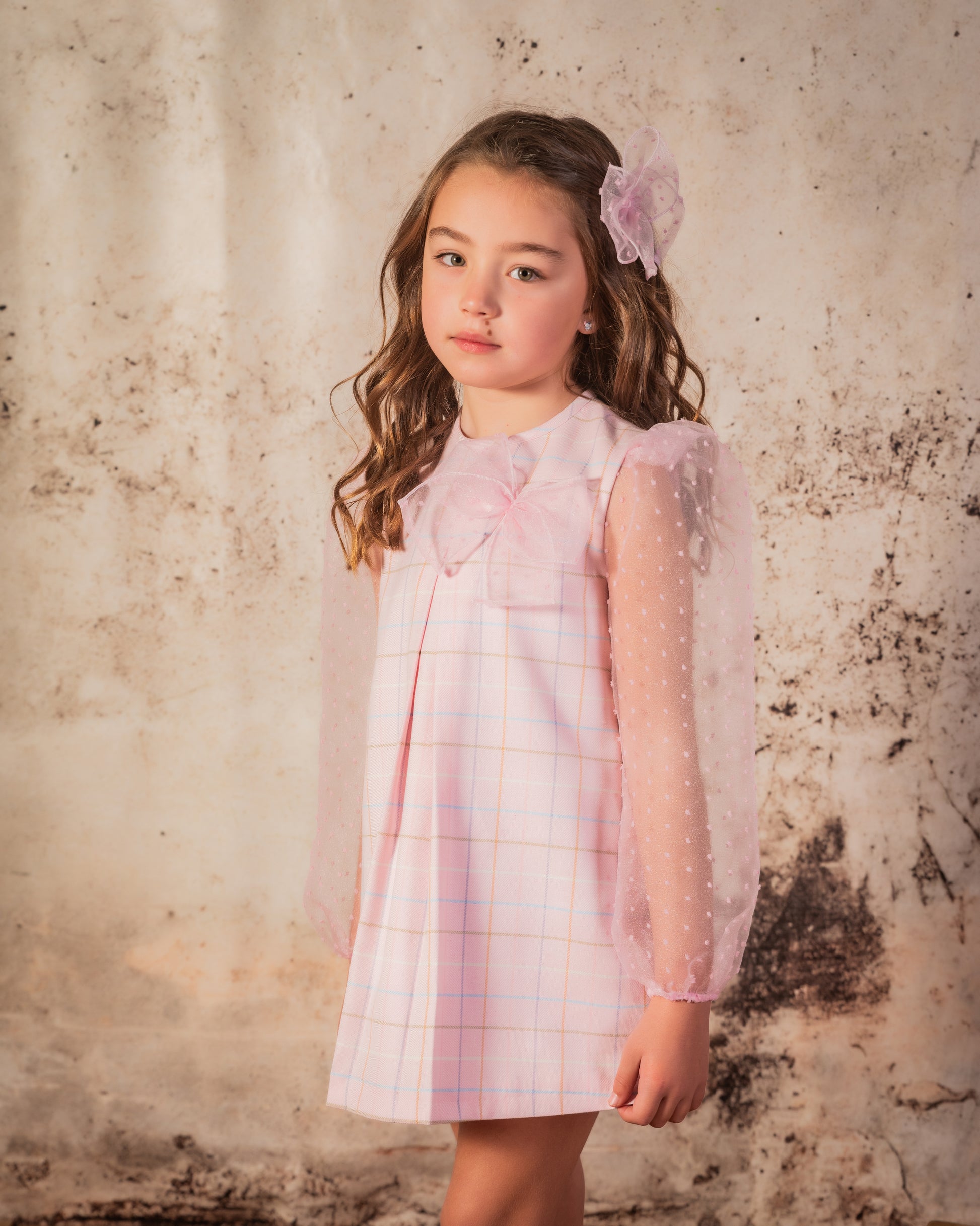 BABINE Cuadros Girls Pink Check A-Line Dress with Organza Sleeves - 2512825