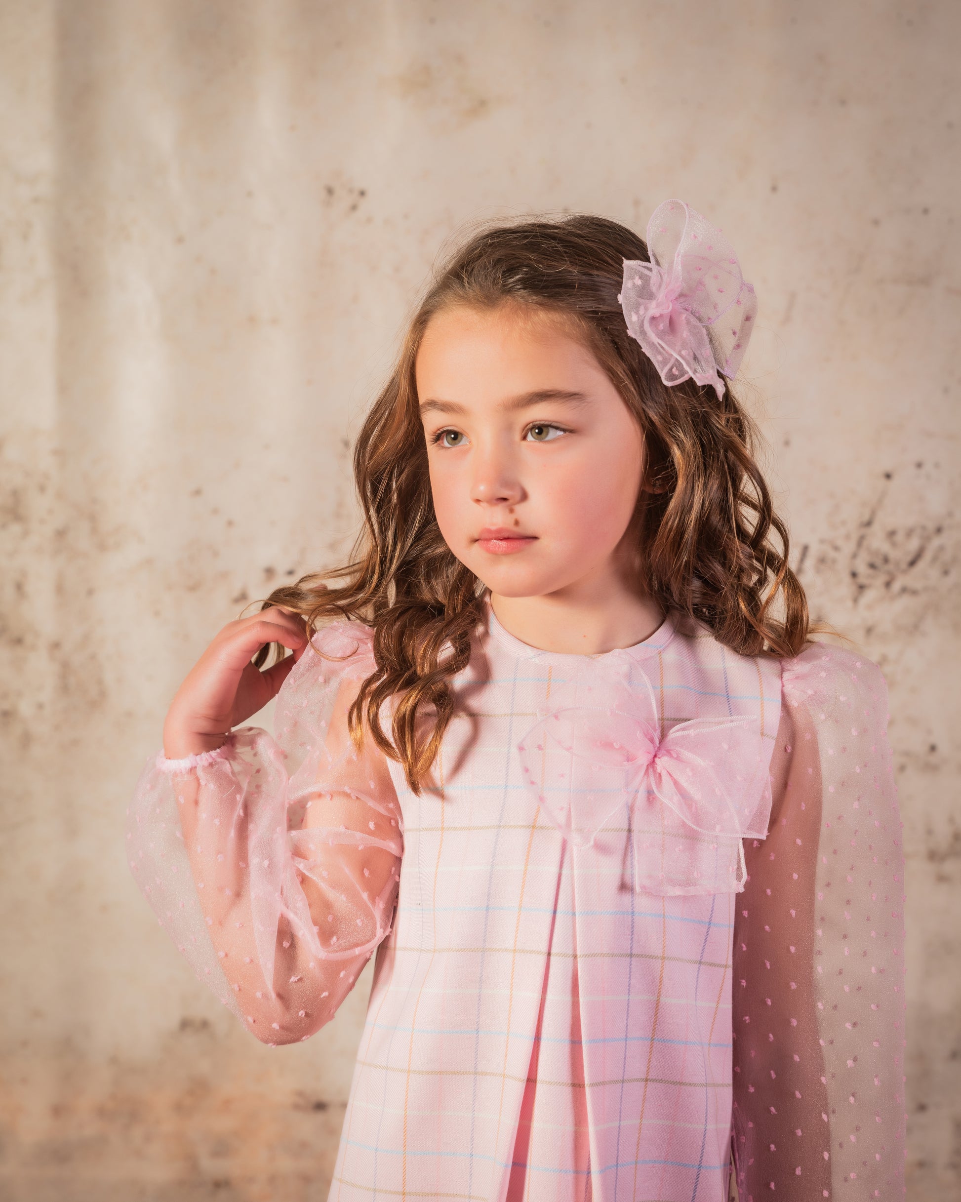 BABINE Cuadros Girls Pink Check A-Line Dress with Organza Sleeves - 2512825