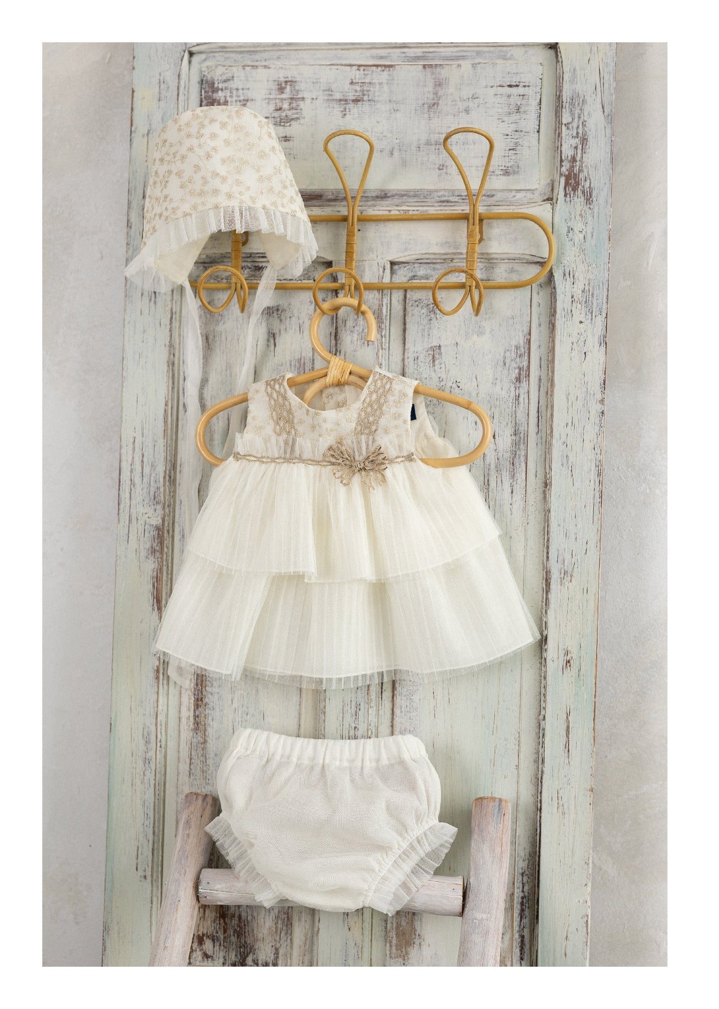 BASMARTI SS25 Isabel Girls Cream & Gold Tulle Dress & Knickers - 25140