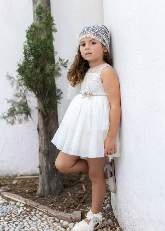 BASMARTI SS25 Isabel Girls Cream & Gold Tulle Dress - 25152