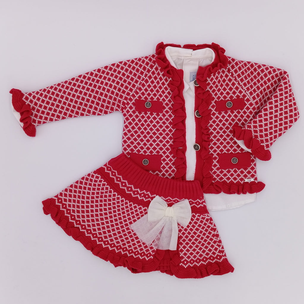 AW25 RAHIGO Red & Cream Girls Five Piece Skirt Set with Cardigan