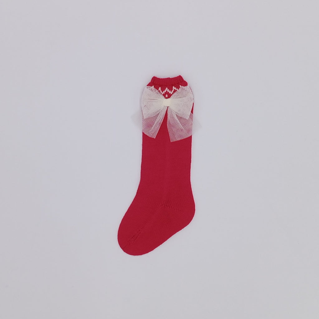 AW25 RAHIGO Red & Cream Girls Tulle Bow Socks - 252107