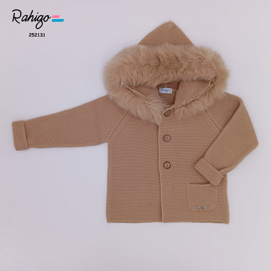 AW25 RAHIGO Camel Knitted Coat with Fur Hood - 252133