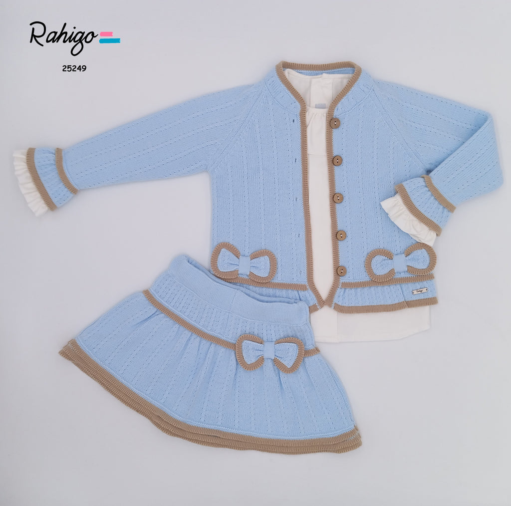 AW25 RAHIGO Blue & Camel Girls Skirt Set with Cardigan - 25249