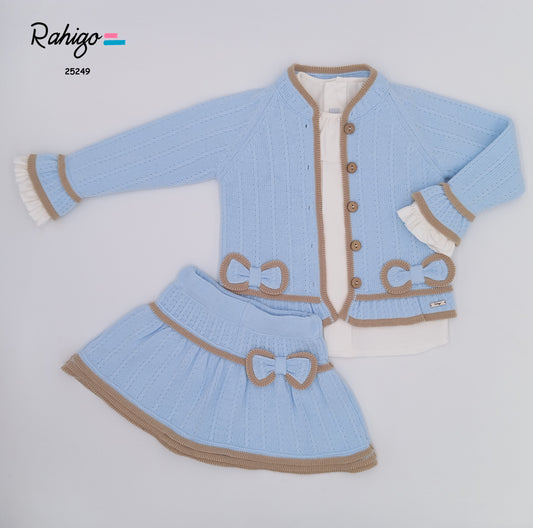 AW25 RAHIGO Blue & Camel Girls Skirt Set with Cardigan - 25249