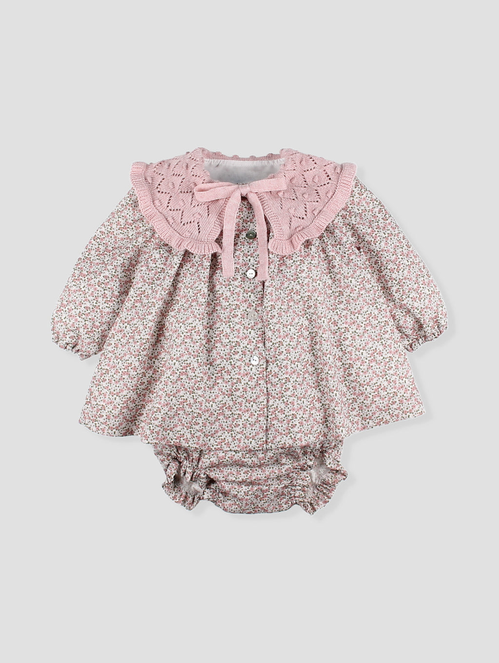 AW25 FOQUE Ladera Girls Pink Floral Dress & Knickers with Knitted Shawl Collar