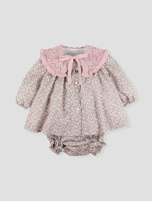 AW25 FOQUE Ladera Girls Pink Floral Dress & Knickers with Knitted Shawl Collar