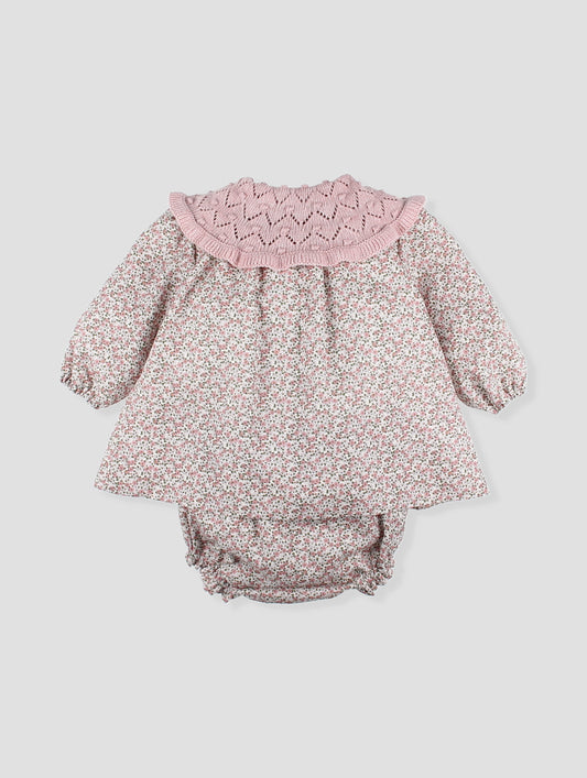 AW25 FOQUE Ladera Girls Pink Floral Dress & Knickers with Knitted Shawl Collar