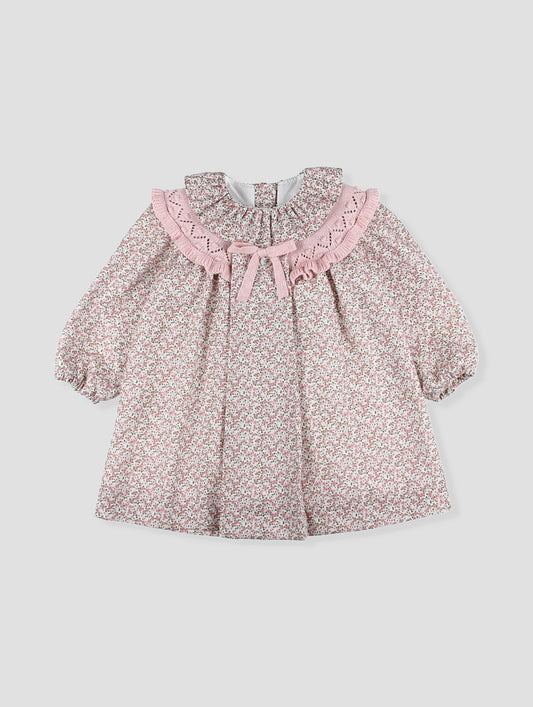 AW25 FOQUE Ladera Girls Pink Floral A-Line Dress with Knitted Shawl Collar