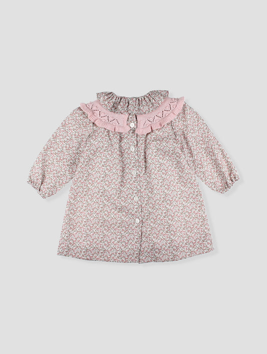 AW25 FOQUE Ladera Girls Pink Floral A-Line Dress with Knitted Shawl Collar