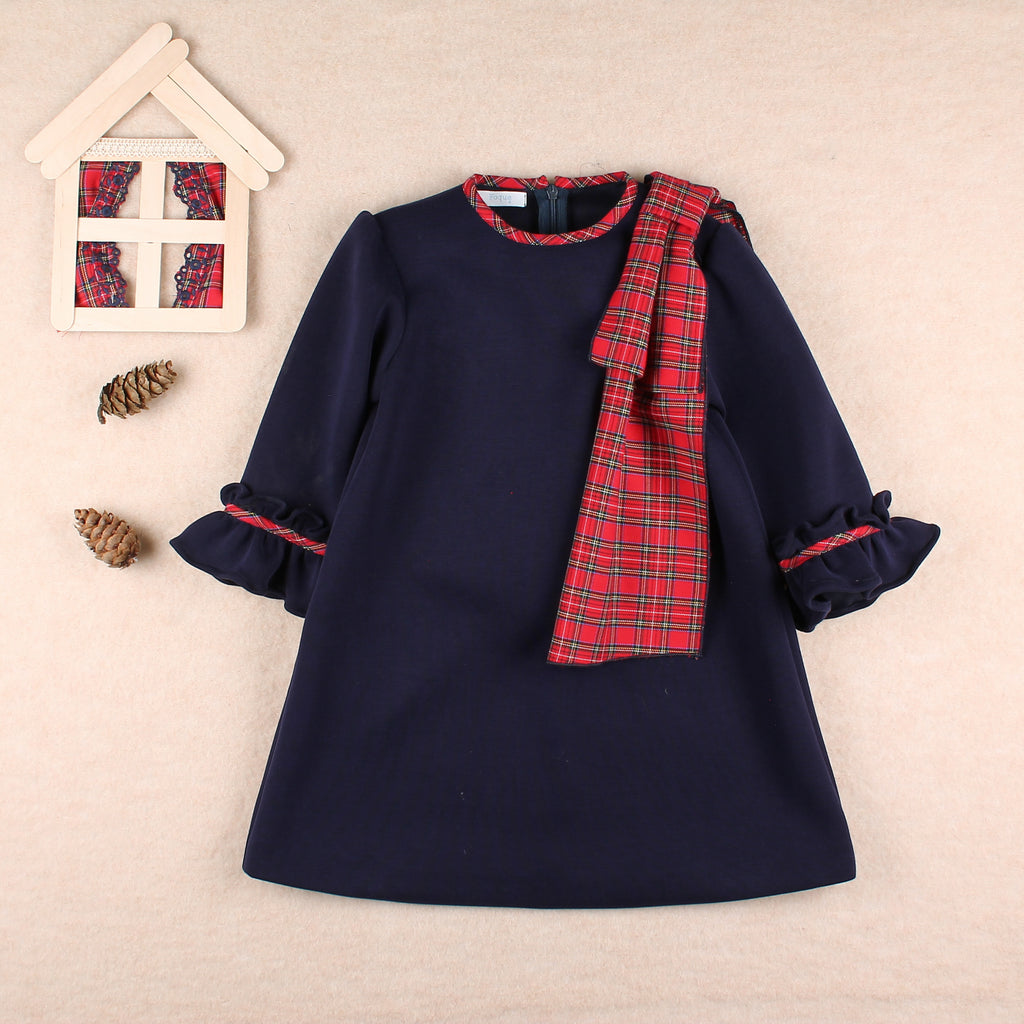 AW25 FOQUE Galletas Girls Navy Tartan A-Line Dress