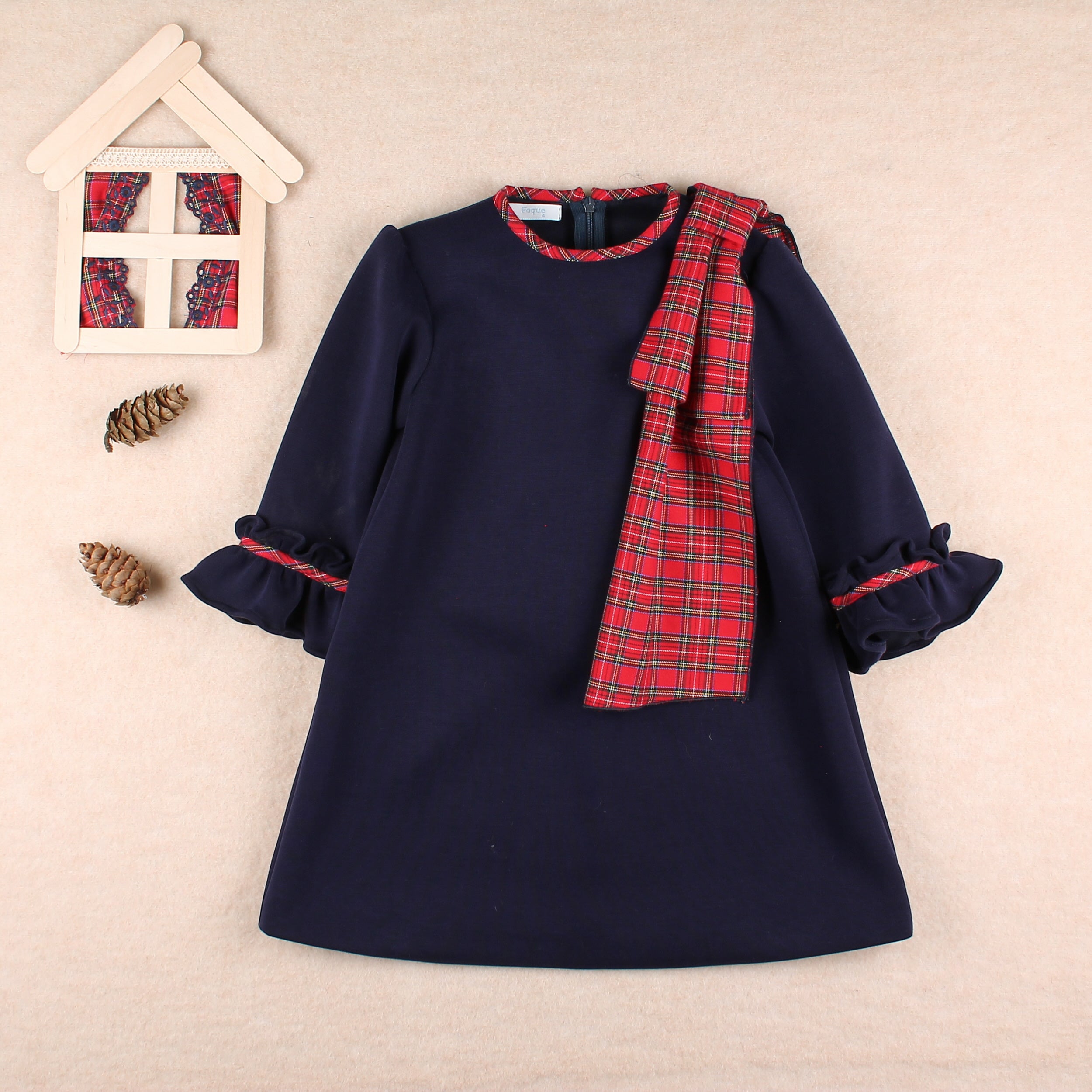 AW25 FOQUE Galletas Girls Navy Tartan A-Line Dress