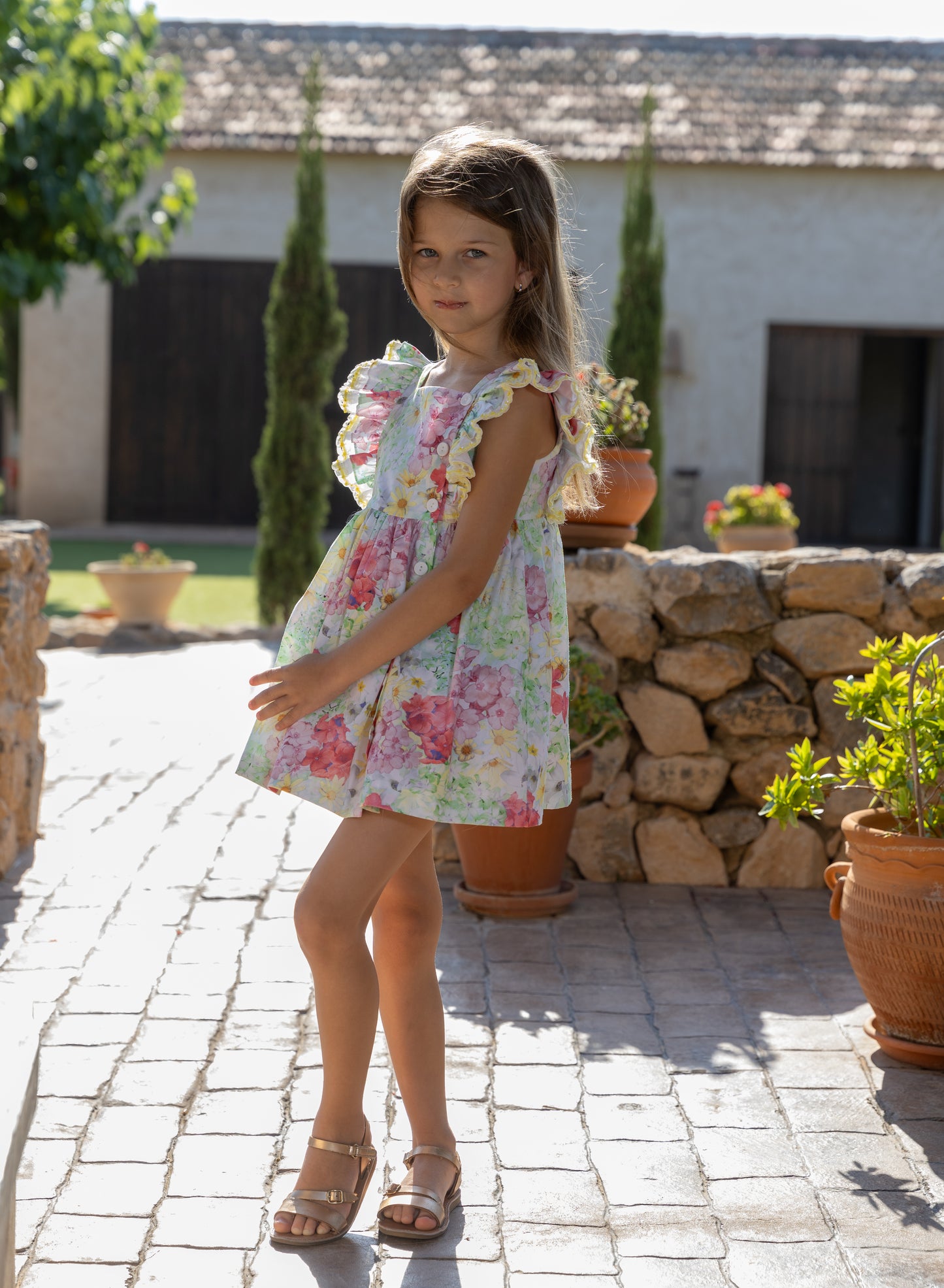 ROCHY SS25 Margarita Green & Lemon Floral Girls Dress - 25308