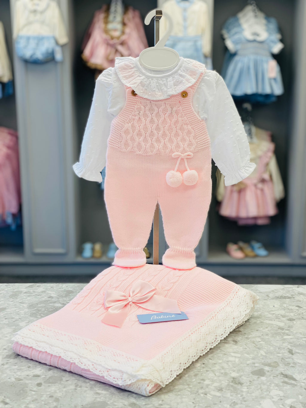 BABINE Canastilla Girls Pink Pom Pom Knitted Set