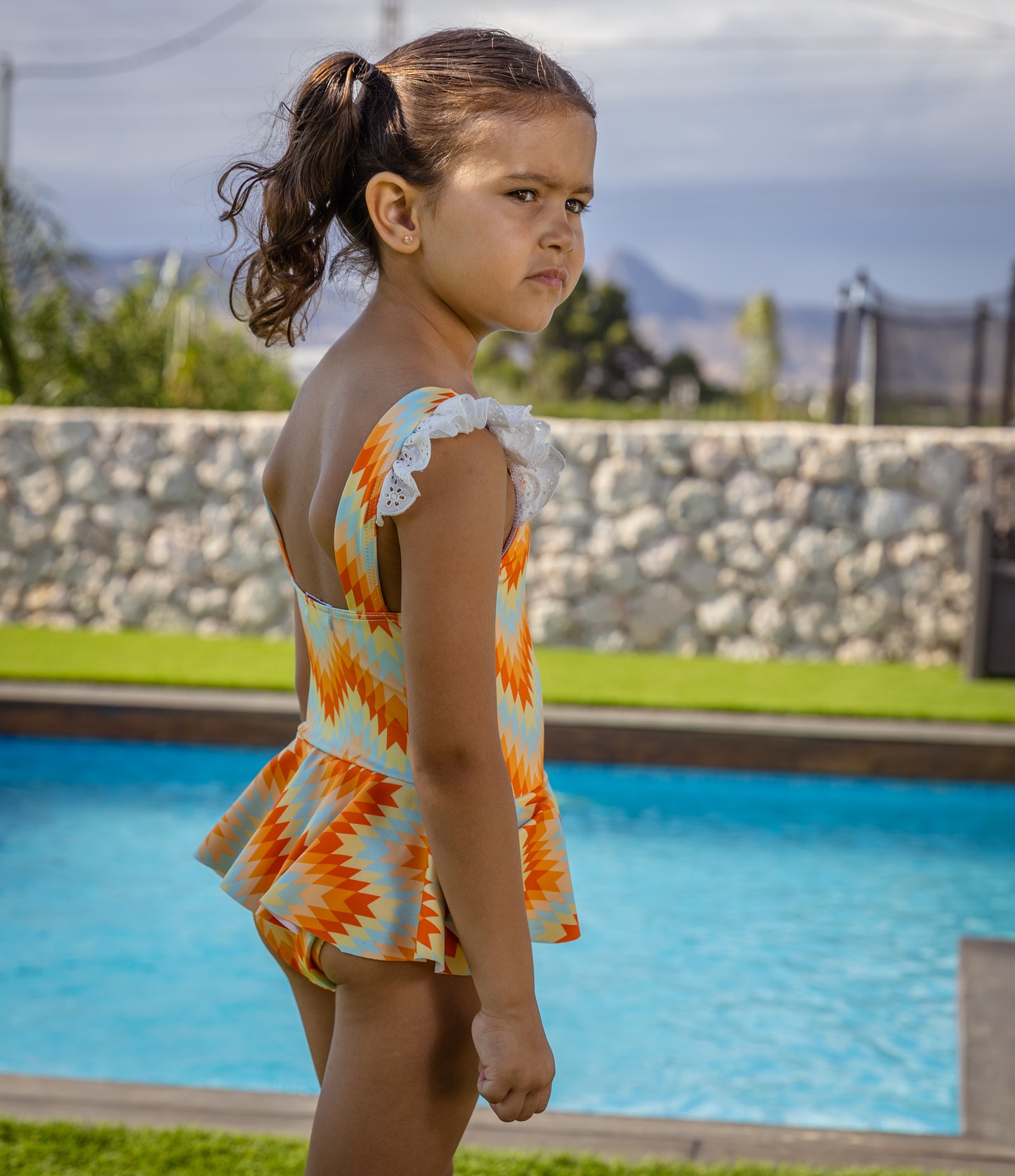 ROCHY SS25 Flecha Orange & Mint Zig Zag Girls Peplum Swimsuit - 25410