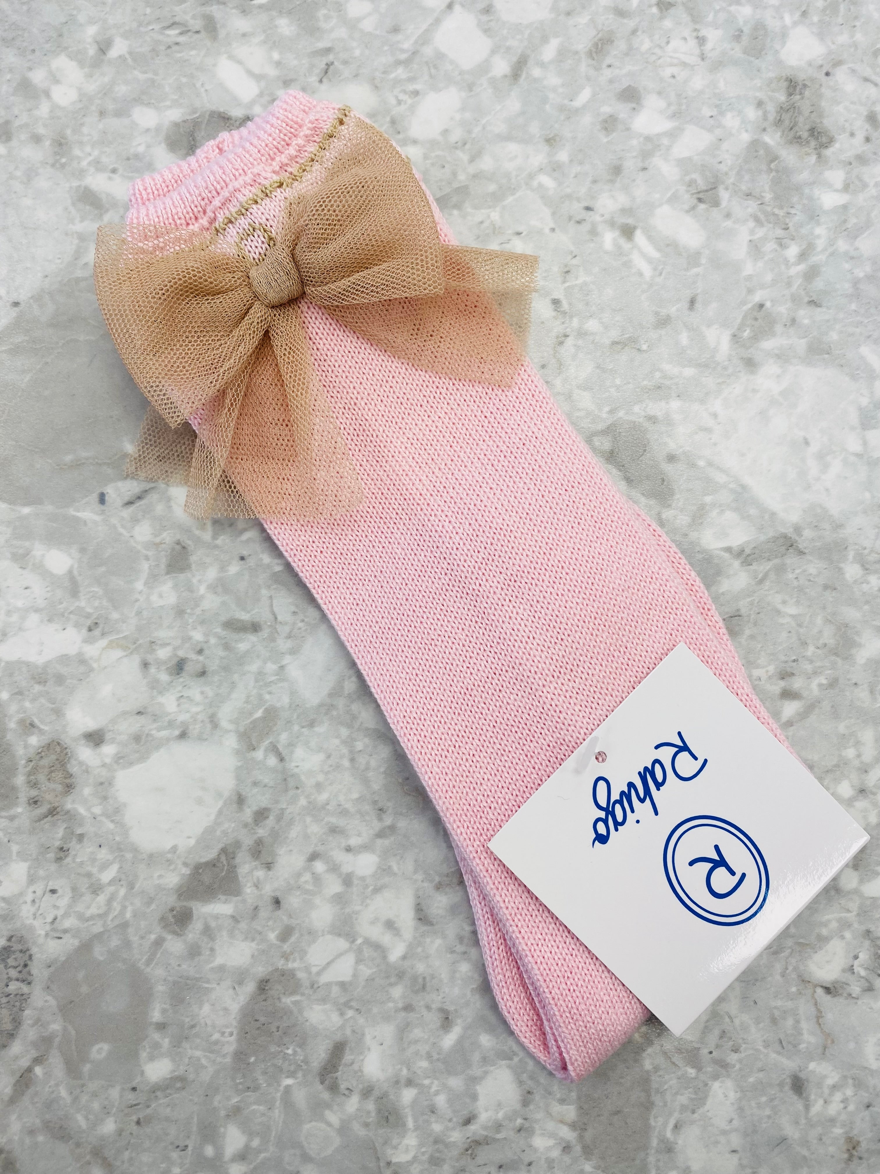 RAHIGO SS24 Pink & Camel Girls Tulle Bow Socks - CLEARANCE SALE