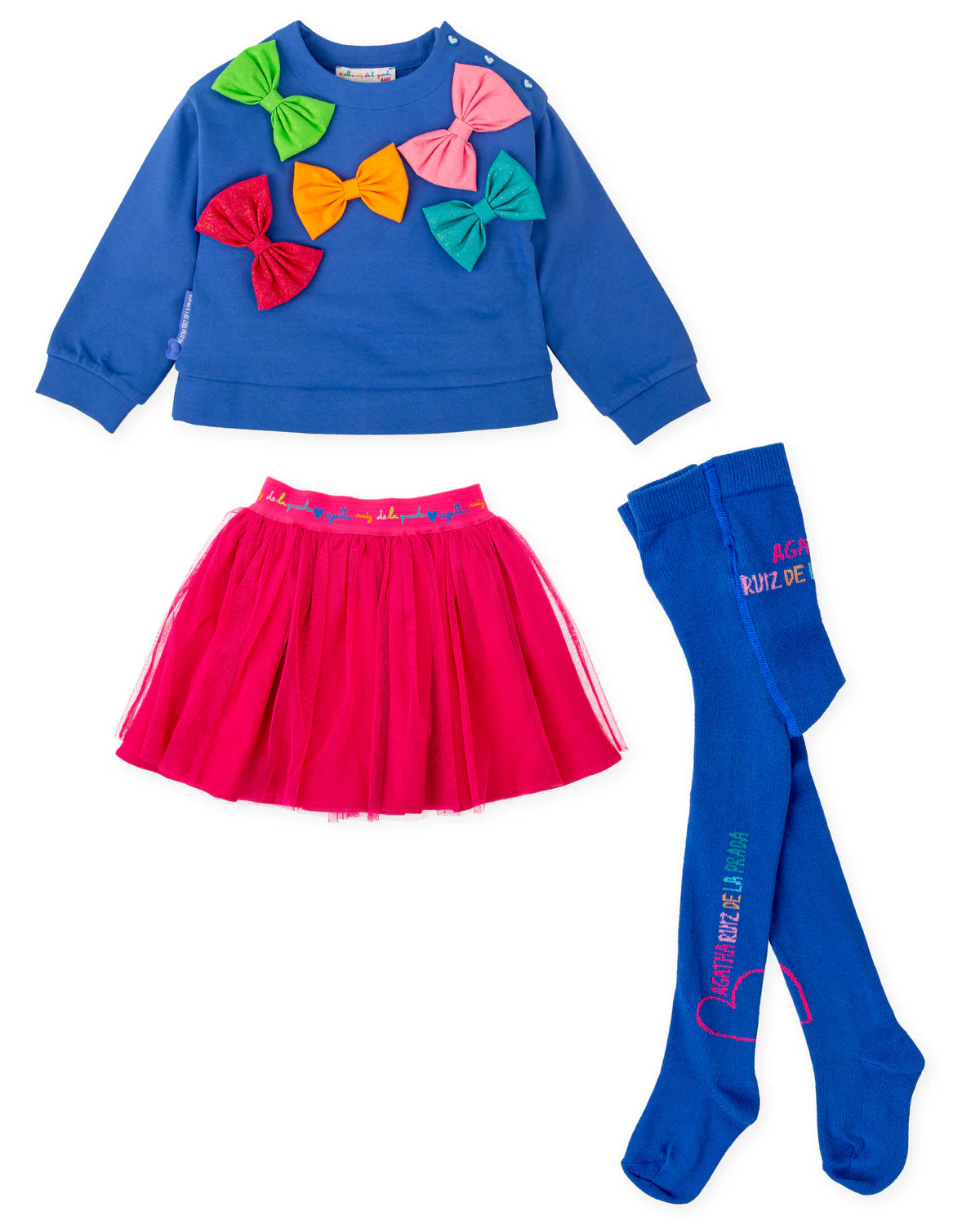 Fuchsia layered tulle skirt and electric-blue tights by Agatha Ruiz de la Prada