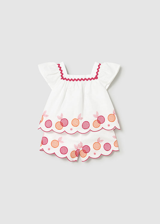 Mayoral Girls Clover Embroidered Short Set 1214 - white two-piece with pink and orange embroidery