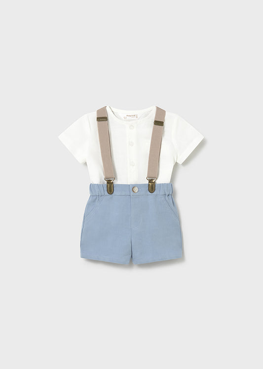 Mayoral boys blue shorts set with white shirt and beige braces 1278