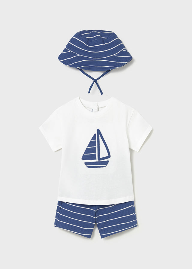 Mayoral boys Capri blue sailboat T-shirt, striped shorts and sun hat set 1666