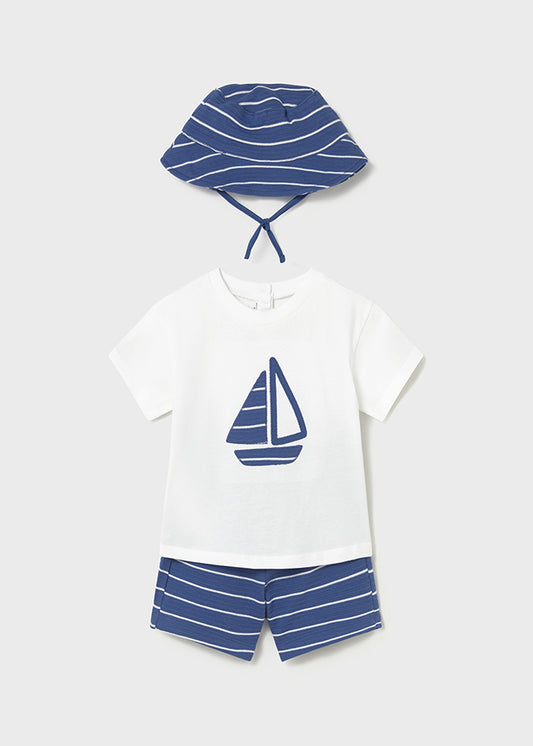 Mayoral boys Capri blue sailboat T-shirt, striped shorts and sun hat set 1666