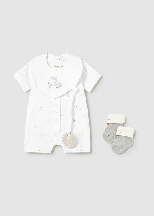 Mayoral unisex Little Ducks white romper set 1727 - romper, bib and socks