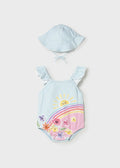 Mayoral Baby Girls Hawaii Blue Rainbow Floral Swimsuit and Sun Hat Set 1737
