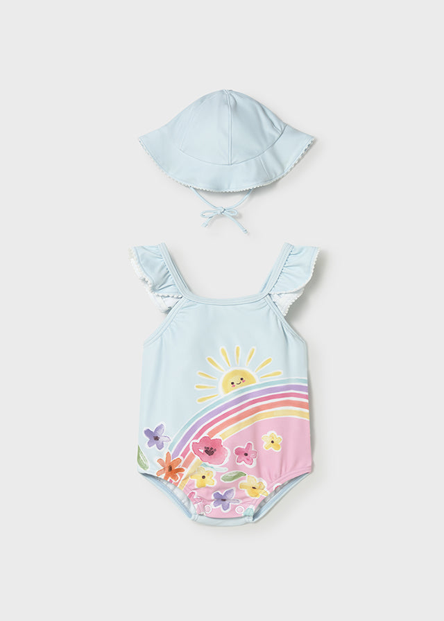 Mayoral Baby Girls Hawaii Blue Rainbow Floral Swimsuit and Sun Hat Set 1737