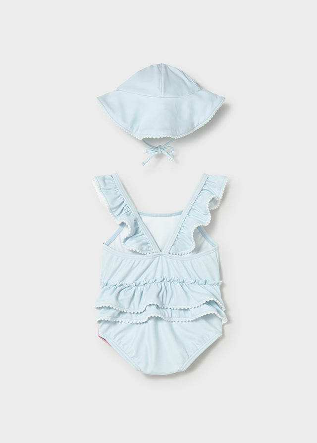 Mayoral Baby Girls Hawaii Blue Rainbow Floral Swimsuit and Sun Hat Set 1737 - back
