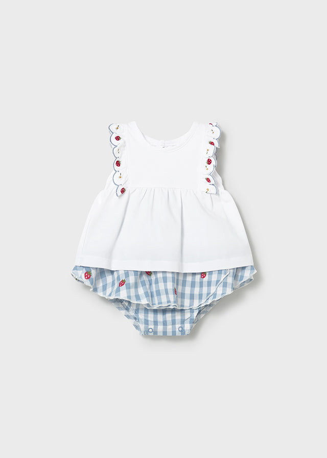 Mayoral girls strawberry gingham jam pant set 1820 - white embroidered top and red gingham jam pants