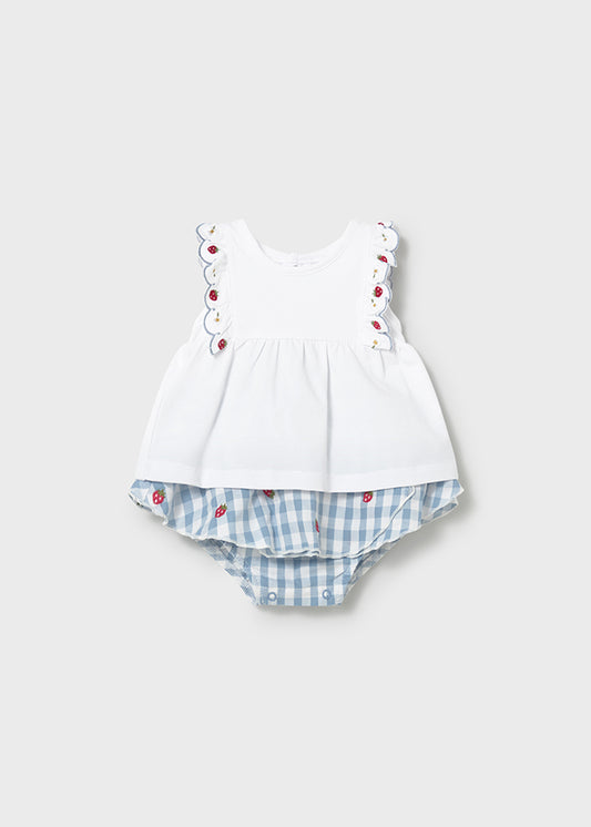 Mayoral girls strawberry gingham jam pant set 1820 - white embroidered top and red gingham jam pants