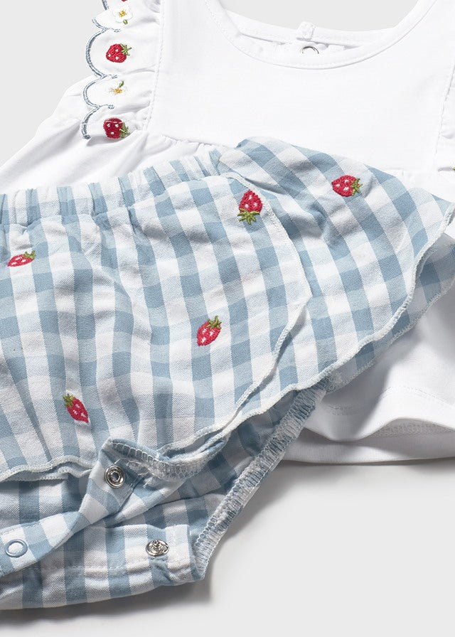Mayoral girls strawberry gingham jam pant set 1820 - strawberry embroidery detail
