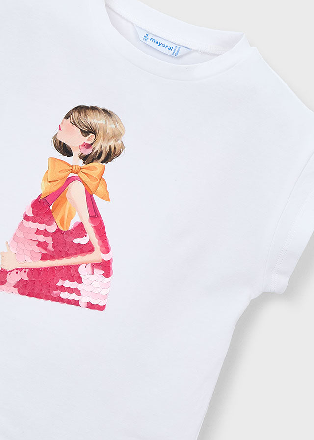 Mayoral Girls Clover Pink and Orange Sequin T-Shirt and Cotton Shorts Set 3906 Close up