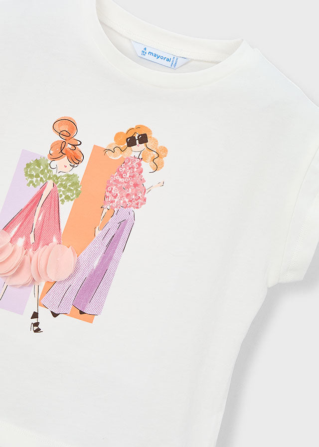 Mayoral girls ivory T-shirt with fashion print and embellishment detail