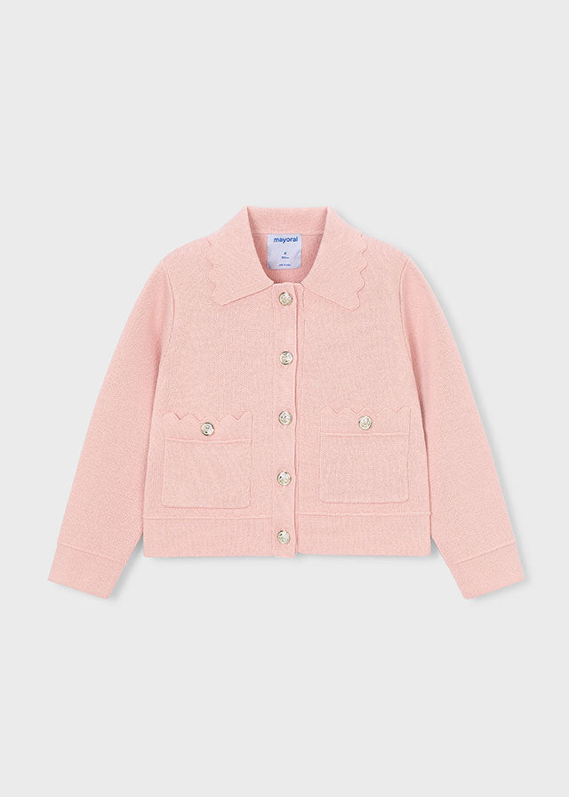 Mayoral girls blush pink knitted jacket with scalloped collar and button detail