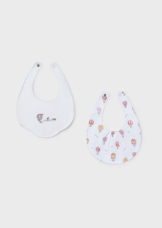 Mayoral Girls Sunny White Hot Air Balloon Bib Set 9077 - two cotton baby bibs