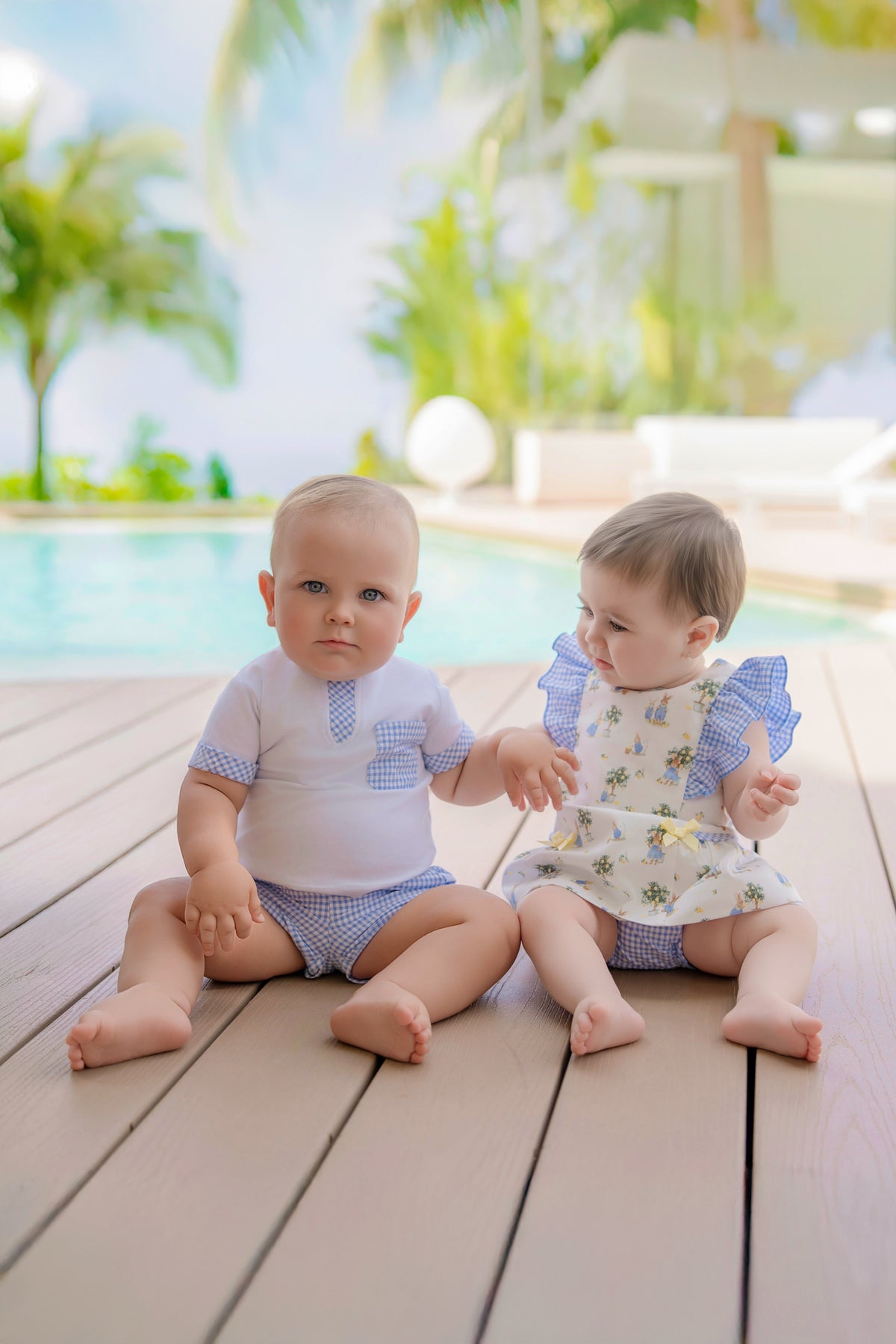 Miranda Blue Check boys short set with coordinating girls dress