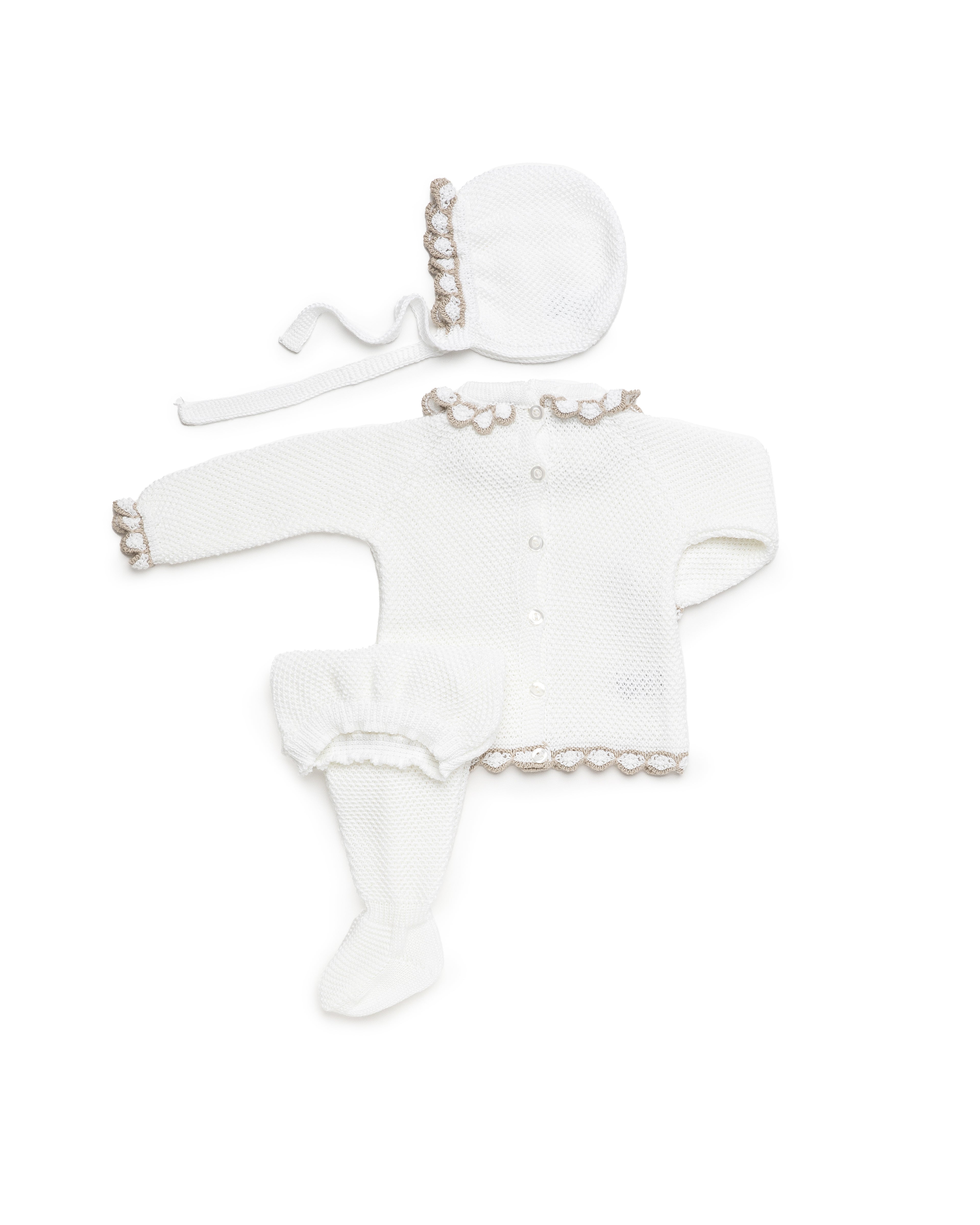 JULIANA Azahar White & Beige Knitted Set with Bonnet